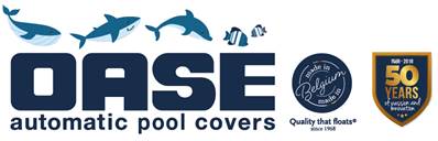 Blue dolphin logo with ’oase automatic pool covers’ text and quality assurance seals.