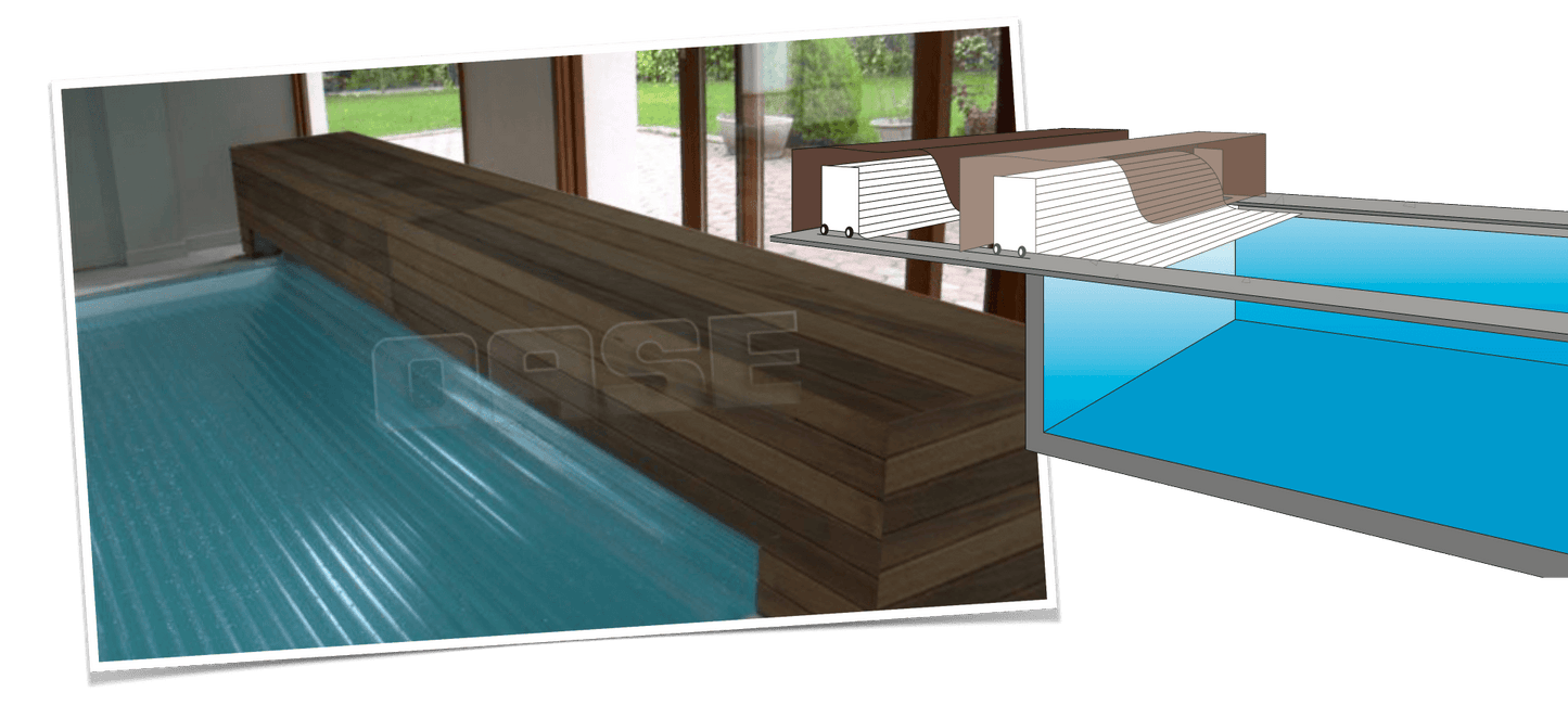 Modern indoor pool with wooden deck and glass walls.