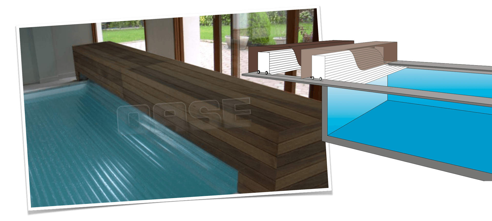 Modern indoor pool with wooden deck and glass walls.