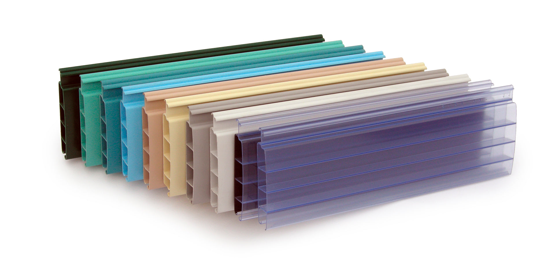 A collection of colorful, translucent plastic window trim pieces in various hues including green, blue, beige, and purple.
