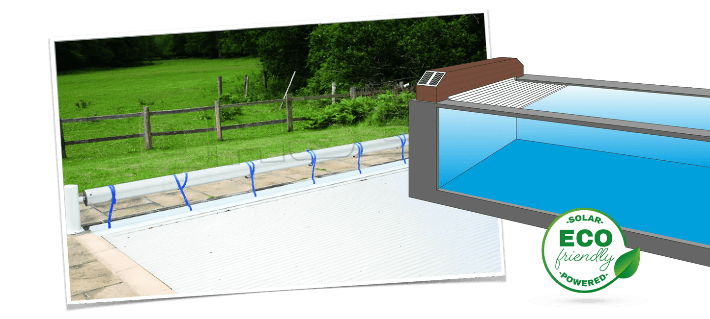 Solar-powered eco-friendly pool cover with blue straps and white surface