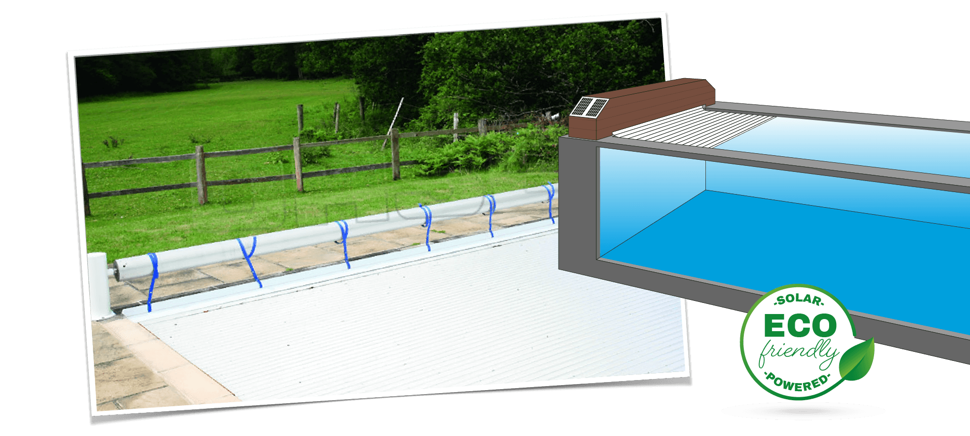 Solar-powered eco-friendly pool cover with blue straps and white surface