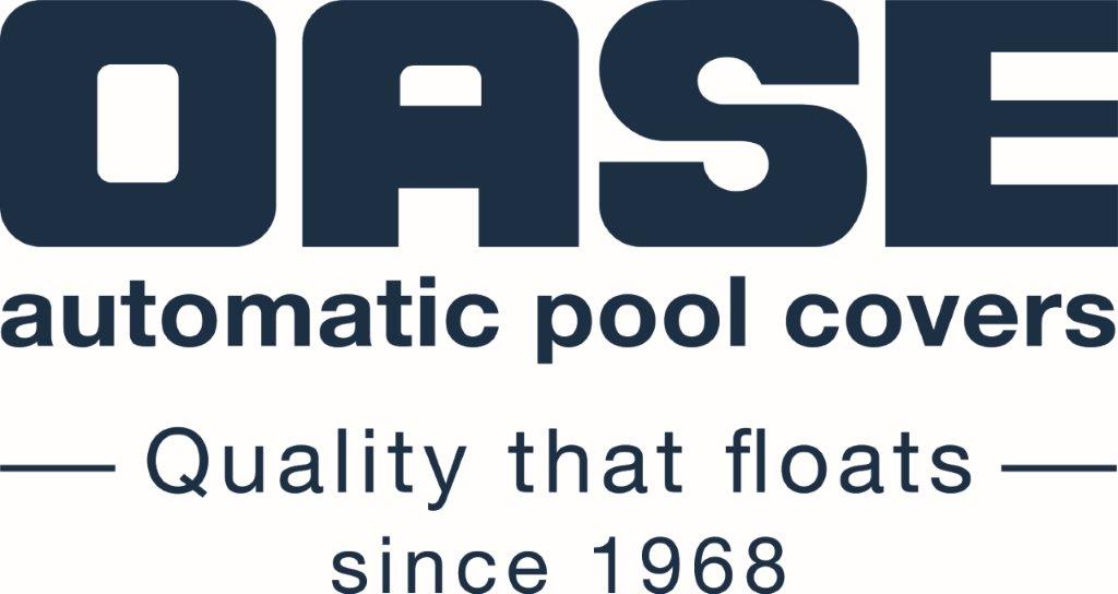 Dark blue ’oase’ logo with the text ’automatic pool covers — quality that floats — since 1968’’ beneath it.