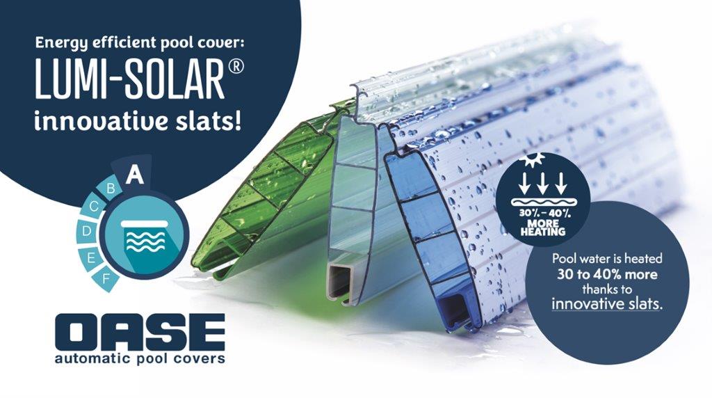Lumi-solar energy efficient pool cover with translucent green and blue slats designed for automatic heating.
