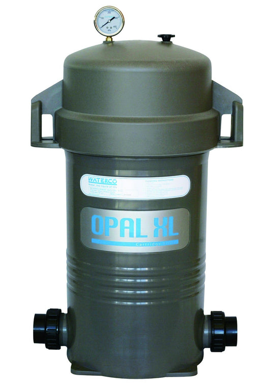 Olive green cylindrical pool filter with a pressure gauge on top and black threaded fittings at the base.