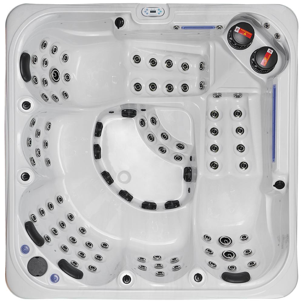 White hot tub with black jets and control panels.