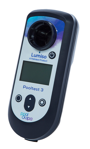 Lumiso pooltest 3 pool and spa water quality tester with a black sensor head, blue gradient display panel, white body, and gray casing.