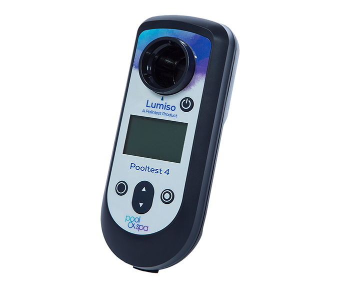 Black and white handheld pool test meter with a digital display, branded ’lumiso’ and labeled ’pooltest 4,’ featuring a circular sensor at the top.