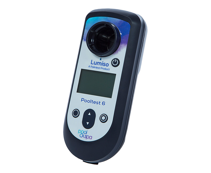 Black and white handheld pool test meter with a digital screen, branded ’lumiso’ by polinest.