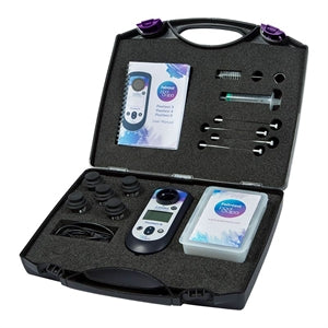 Black plastic case containing a digital ph meter, test kits, and accessories.