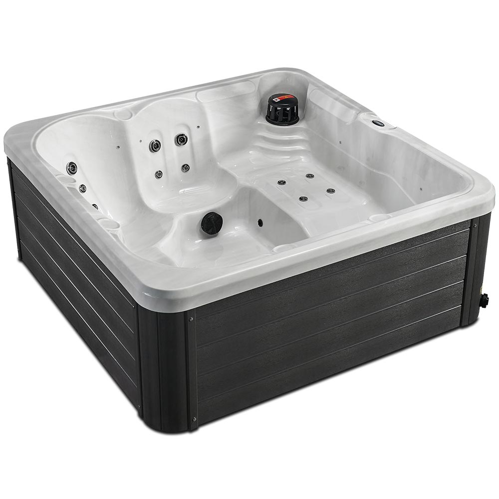 White and black hot tub with a sleek, modern design featuring integrated jets and control panels.