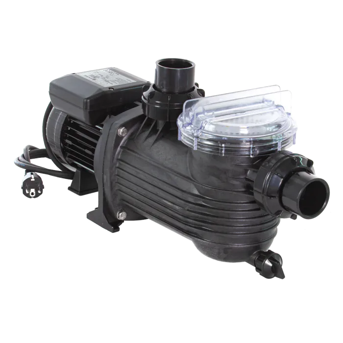 Black plastic pool pump with clear transparent lid and black fittings