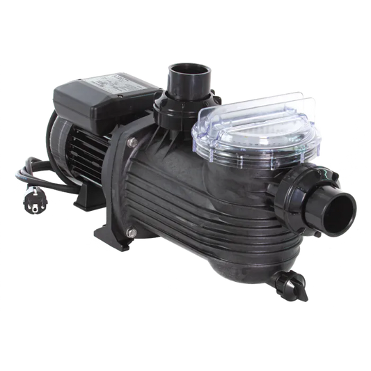 Black plastic pool pump with clear transparent lid and black fittings