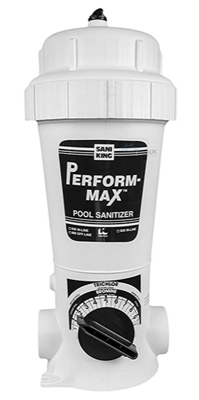 White plastic san king performa-max pool sanitizer with a black dial and label.