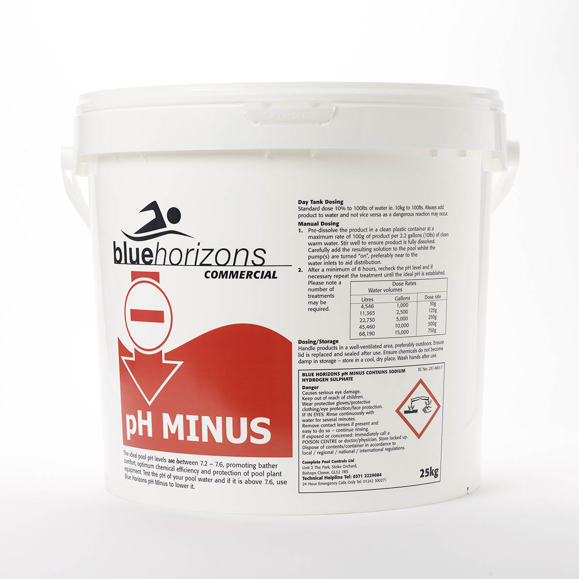 White plastic bucket with red and black label for blue horizons commercial ph minus pool chemical product.