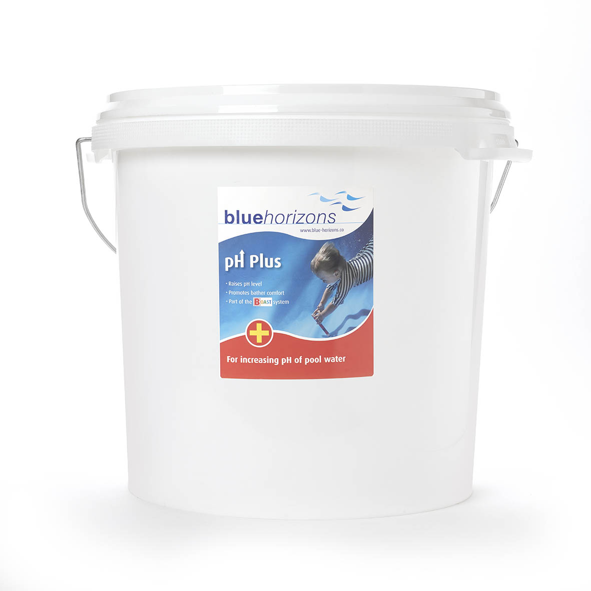 White plastic bucket with metal handles, labeled ’ph plus’ by blue horizons for increasing pool water ph.