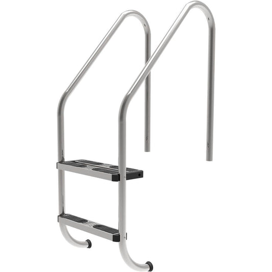 Silver stainless steel pool ladder with black non-slip step pads.
