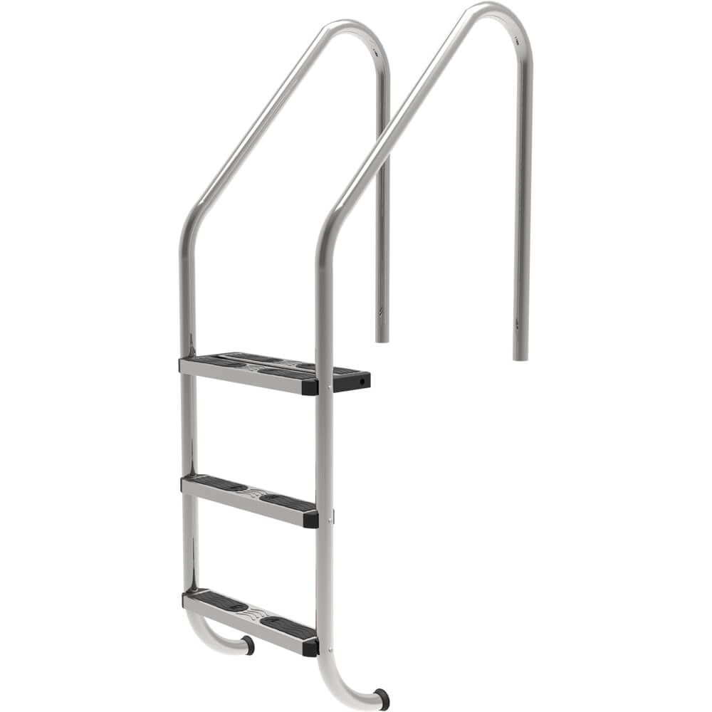Silver aluminum pool ladder with black non-slip step pads.