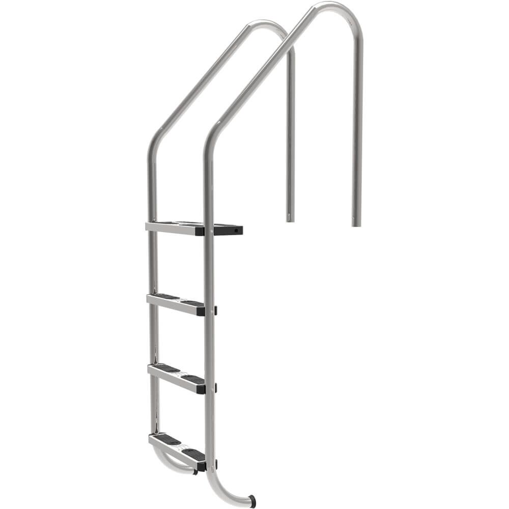 Silver stainless steel pool ladder with black non-slip step pads.