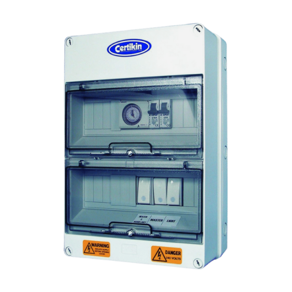 White certikin brand electrical distribution board with two transparent doors revealing internal circuit breakers and a circular meter.