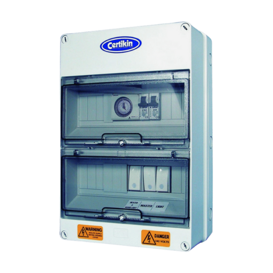 White certikin brand electrical distribution board with two transparent doors revealing internal circuit breakers and a circular meter.