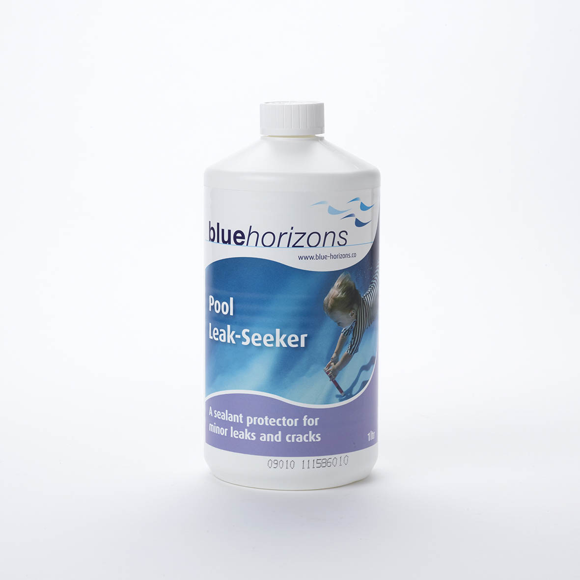 White plastic bottle of blue horizons pool leak-seeker, a sealant protector for minor leaks and cracks.