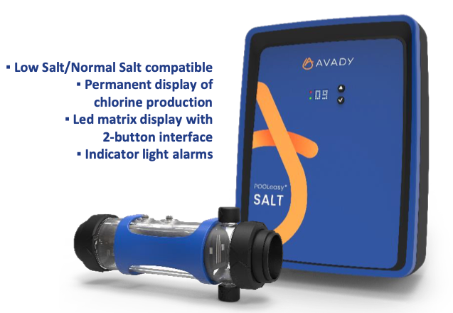 Blue avady pooleasy salt chlorine generator with transparent cylindrical body and black end caps.
