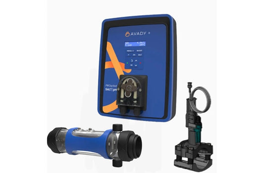 Blue avady+ propilot salt chlorine generator with black accents and a digital display.