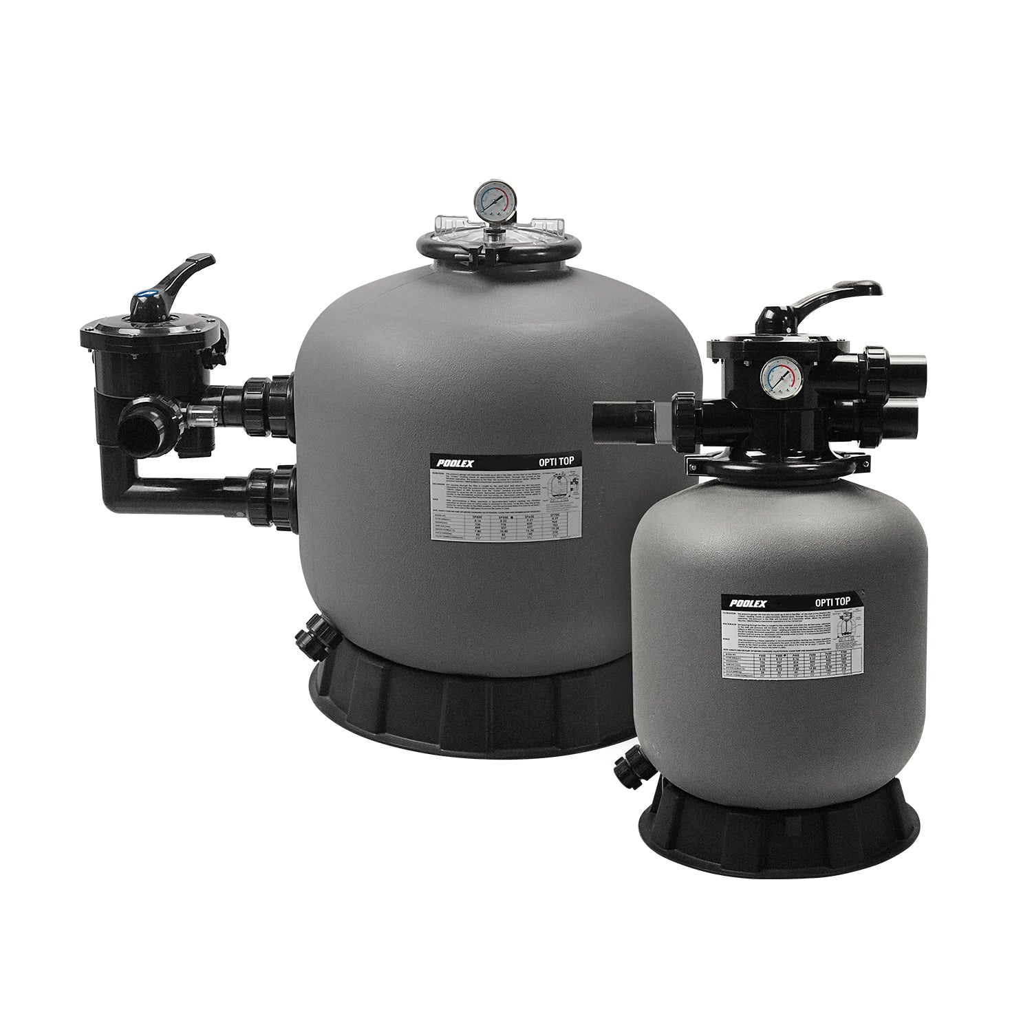 Gray sand filter units with black fittings and pressure gauges, branded as ’porex opti top’