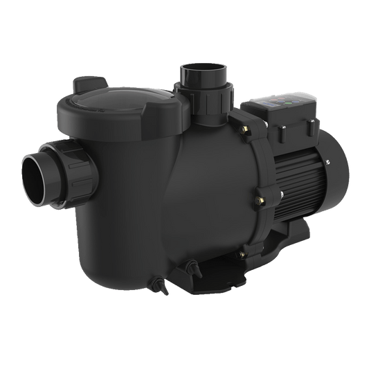 Black plastic pool pump with a cylindrical motor housing and multiple connection ports.