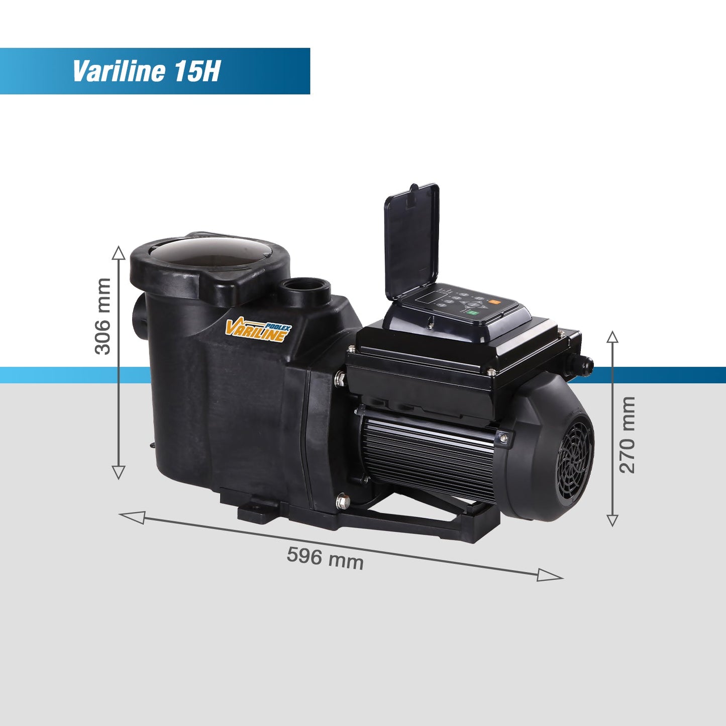 Black plastic variline 15h pool pump with a digital control panel and ribbed motor housing.