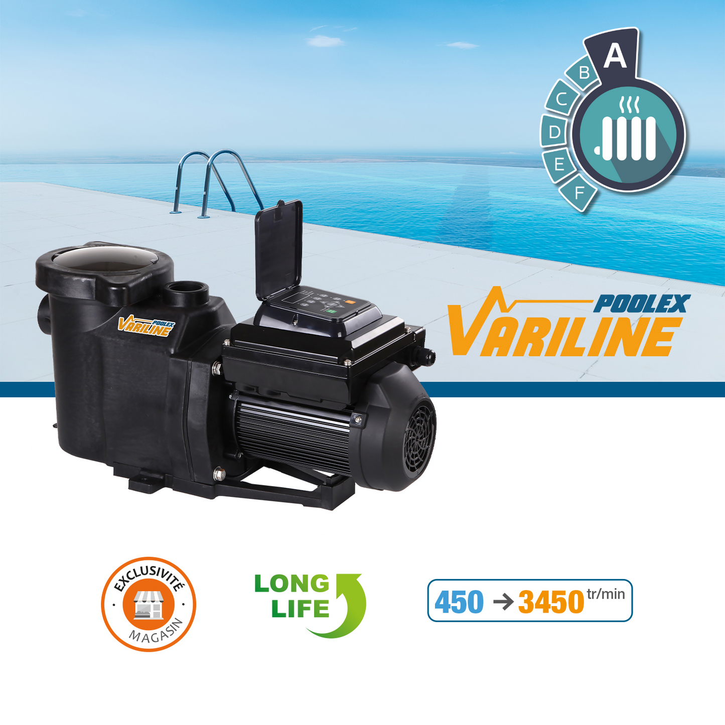 Black plastic pool pump with digital control panel and motor housing, branded variline by poolex