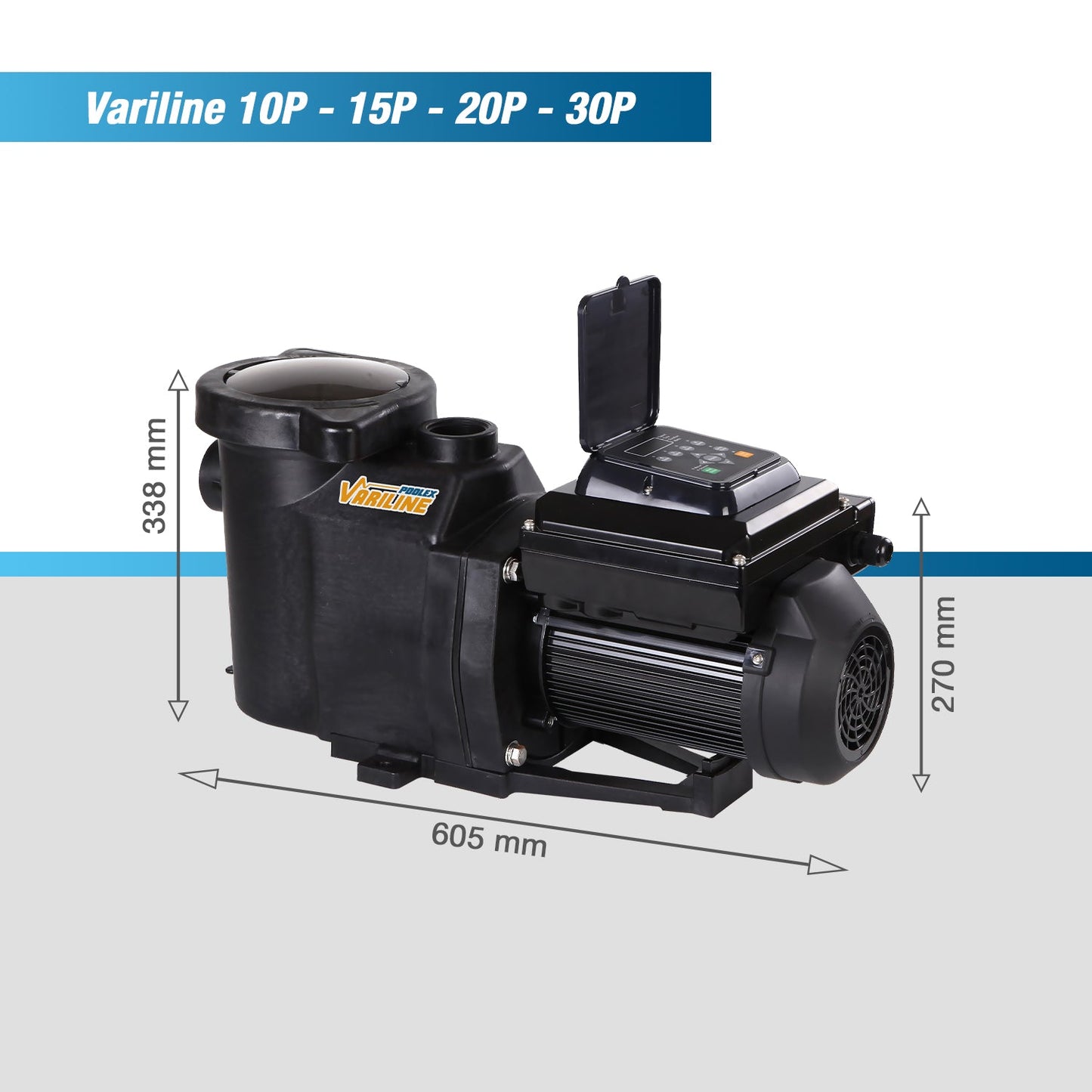 Black plastic variline pool pump with a digital control panel and motor housing.