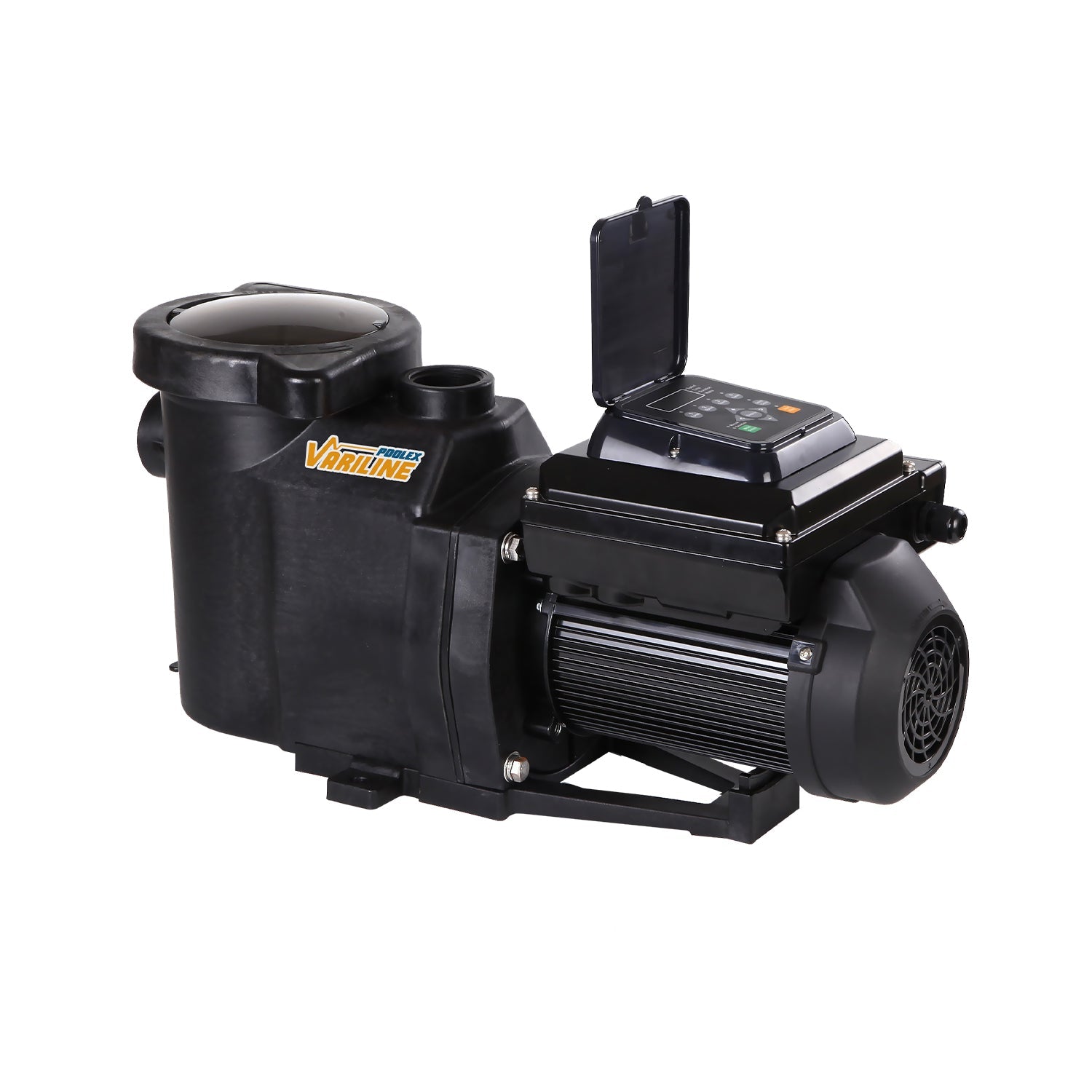 Black variline pool pump with a digital control panel and ribbed motor housing.