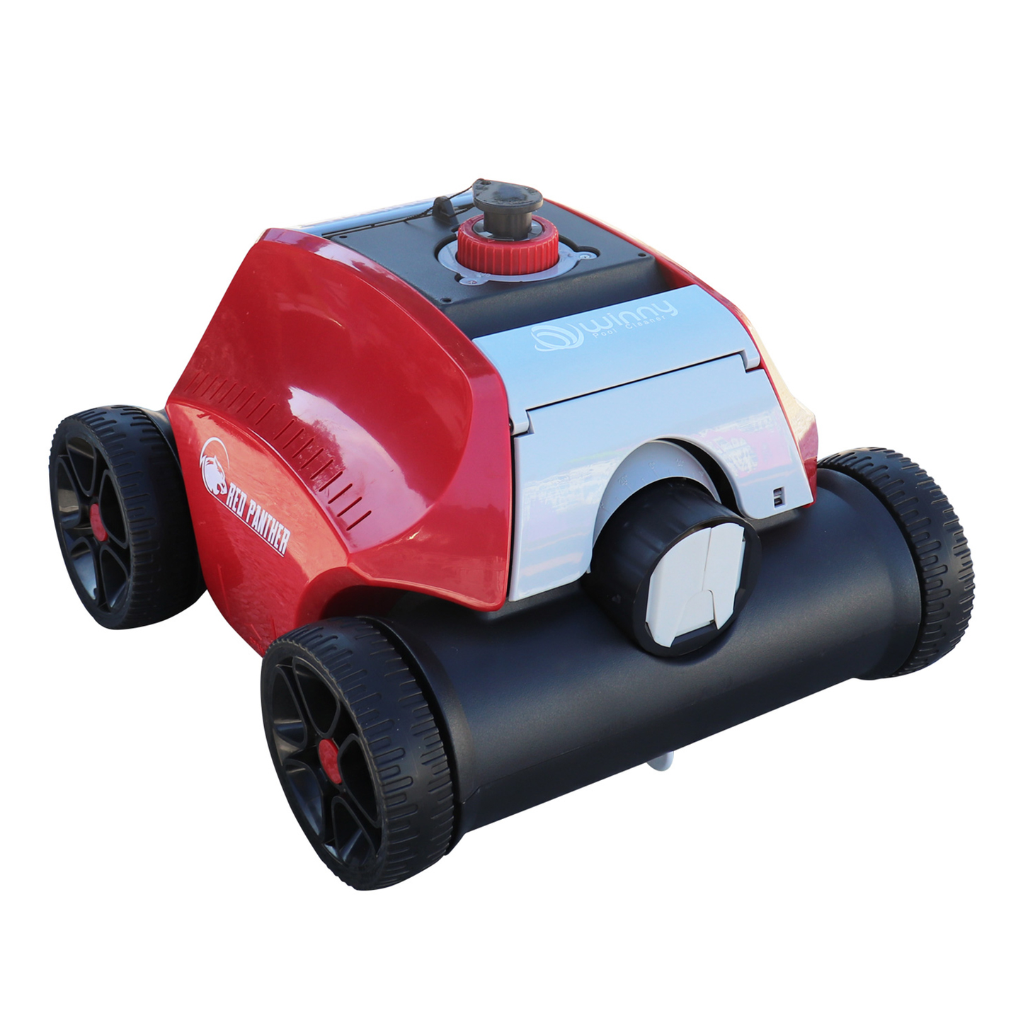 Red and black robotic pool cleaner with a sleek, modern design featuring durable plastic wheels and a compact body.