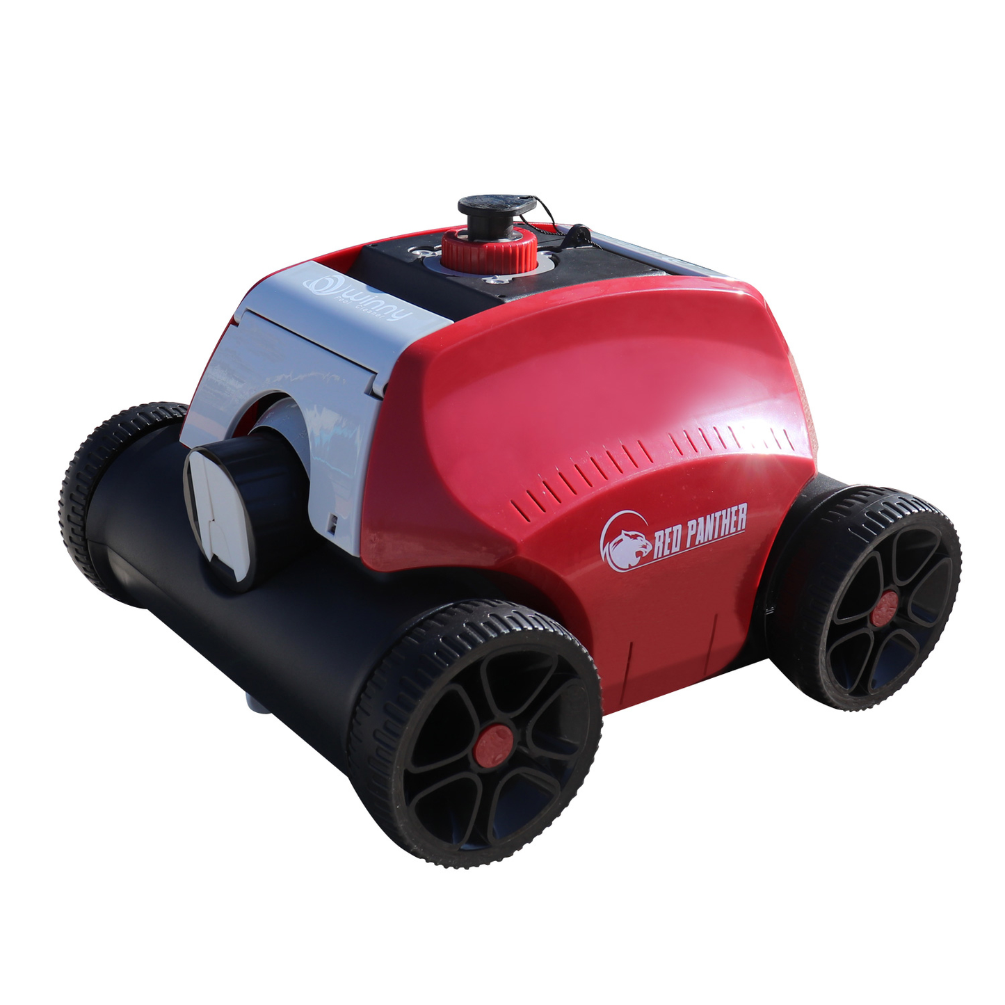 Red panther robotic pool cleaner with a glossy red and silver body, black wheels featuring red center caps.