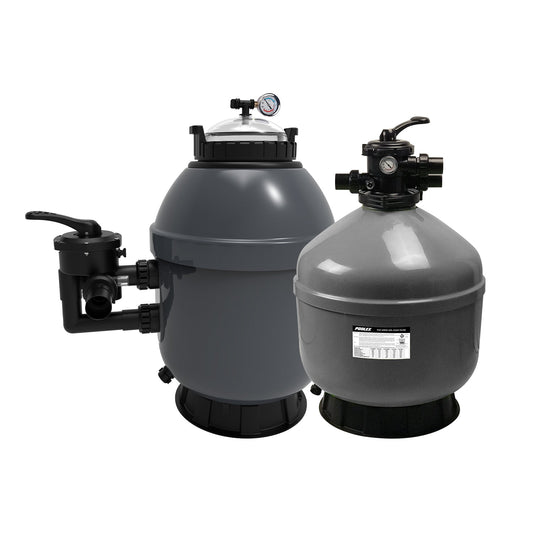 Gray plastic pool sand filters with black fittings and pressure gauges