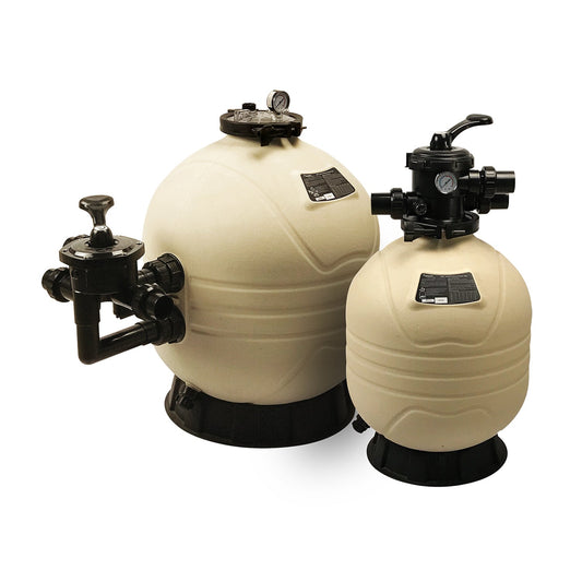 Cream-colored spherical sand filters with black plastic valves and fittings.