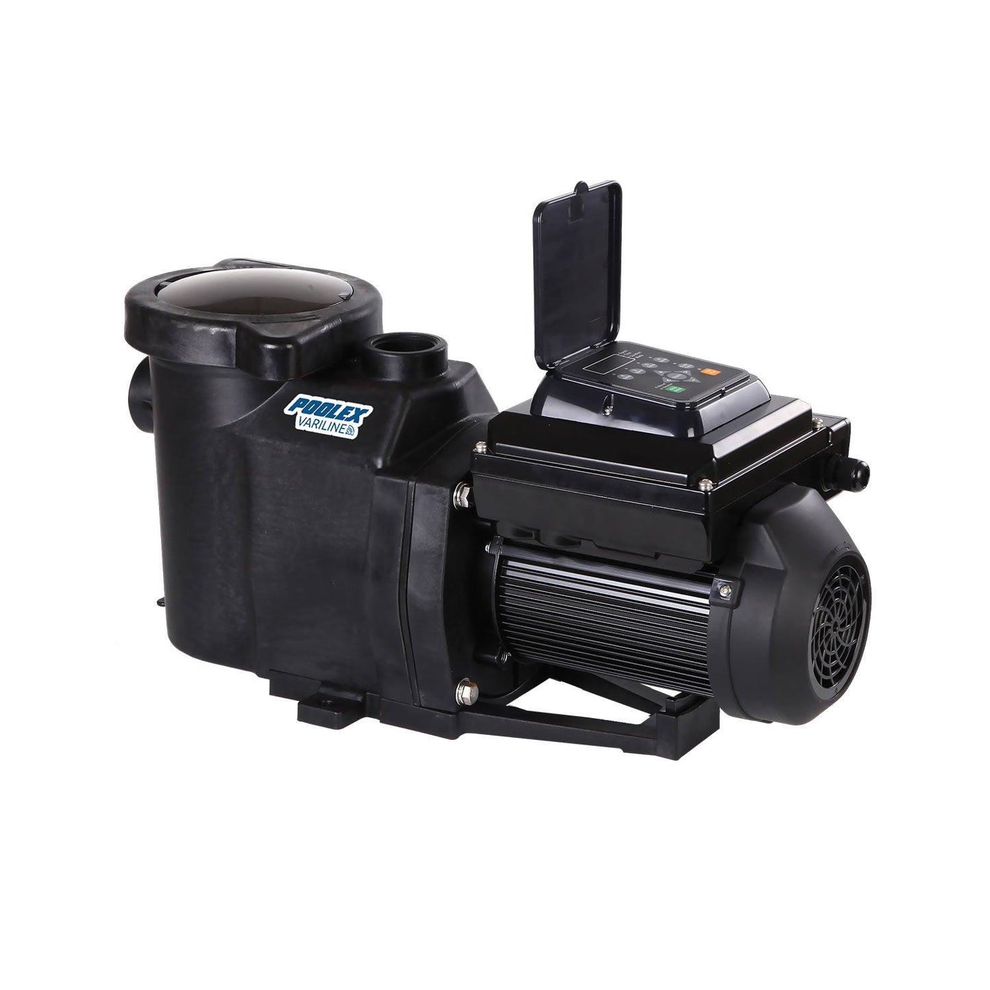 Black plastic pool pump with a digital control panel and motor housing.