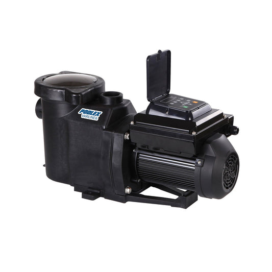 Black plastic pool pump with a digital control panel and motor housing.