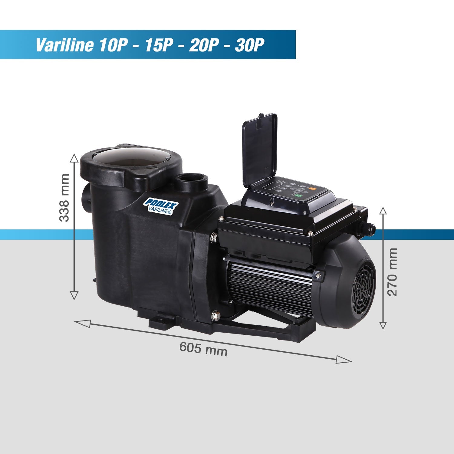 Black plastic pool pump with a digital control panel and ribbed motor housing, model variline 10p-30p by pirlex.