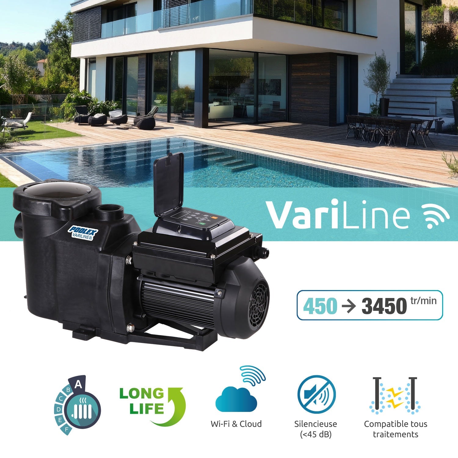 Black variline smart pool pump with wi-fi and cloud connectivity features.