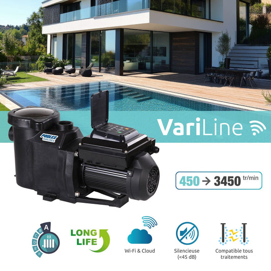Black variline smart pool pump with wi-fi and cloud connectivity features.