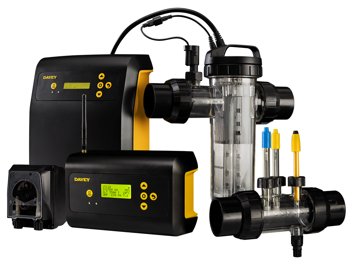 Black and yellow davey pool filtration system with digital displays, transparent cylindrical filter housing, and colored chemical dosing tubes.