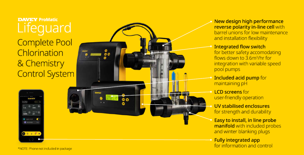 Black and yellow davy promatic lifeguard pool chlorination and chemistry control system with digital lcd screens.