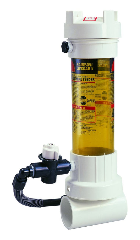 White plastic rainbow lifeguard automatic fish feeder with a transparent yellowish tank and black fittings.