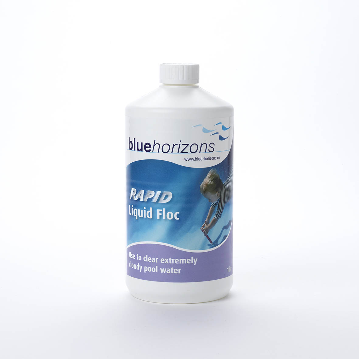 White plastic bottle of blue horizons rapid liquid floc, labeled with blue and purple branding for clearing cloudy pool water.