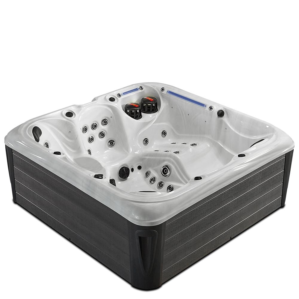 White and dark gray hot tub with multiple jet nozzles and control panels.