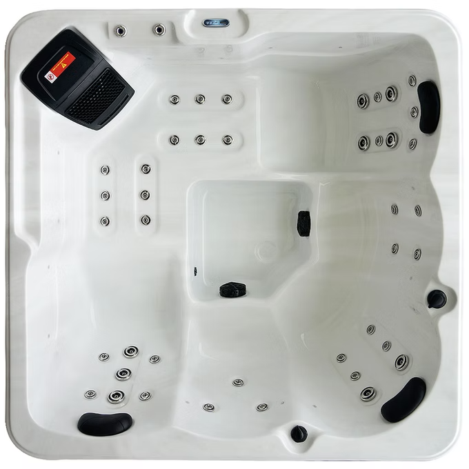 White hot tub with black jets and a control panel.