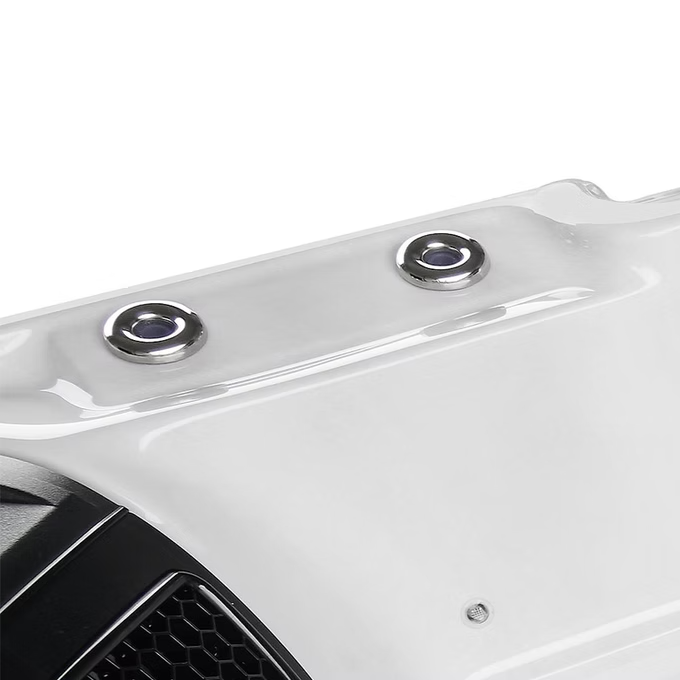 White plastic motorcycle fuel tank with two chrome-finished mounting bolts.